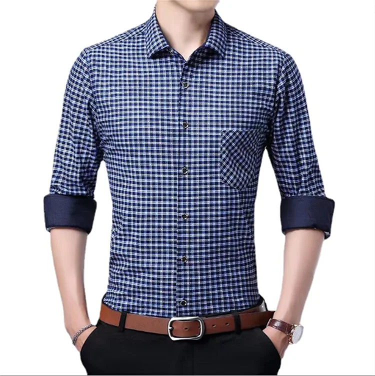 New Trend Customized Logo Men's Long-sleeved Plaid Shirt 100% Cotton Ground Hair Slim Shirt