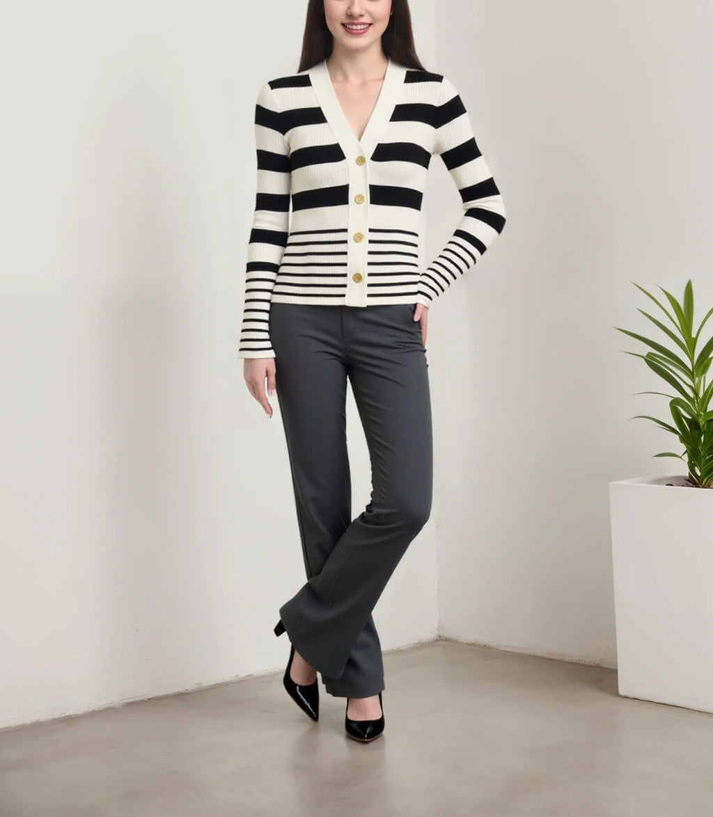 High Popularity 2025 New Slim V Neck Elegant Stripes Pattern Button Commuter Casual Cardigan Knitwear