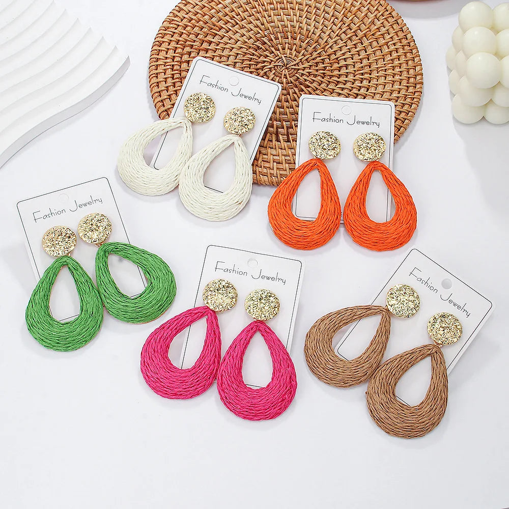 New Bohemian Style Cross-Border Hand-Woven Rattan Water Drop Cut Out Exaggerated Geometric Raffia Earrings Fashion Drop Earrings