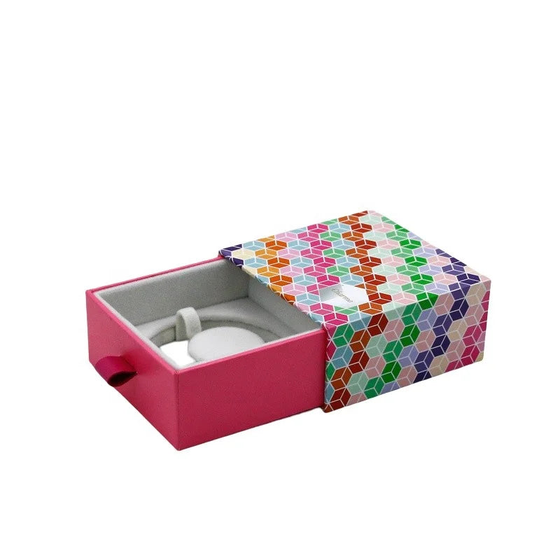 Custom Logo Design Embossed Recycled Materials Pink Cardboard Wedding Jewelry Favor Draw Out Slide Gift Box with Sponge Liner