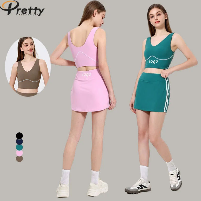 Tennis Set Ladies Sportswear Women 2025 Contrast Color Tennis Wear Deep V Neck Sports Tops With Chest Pads High Waist Yoga Skirt