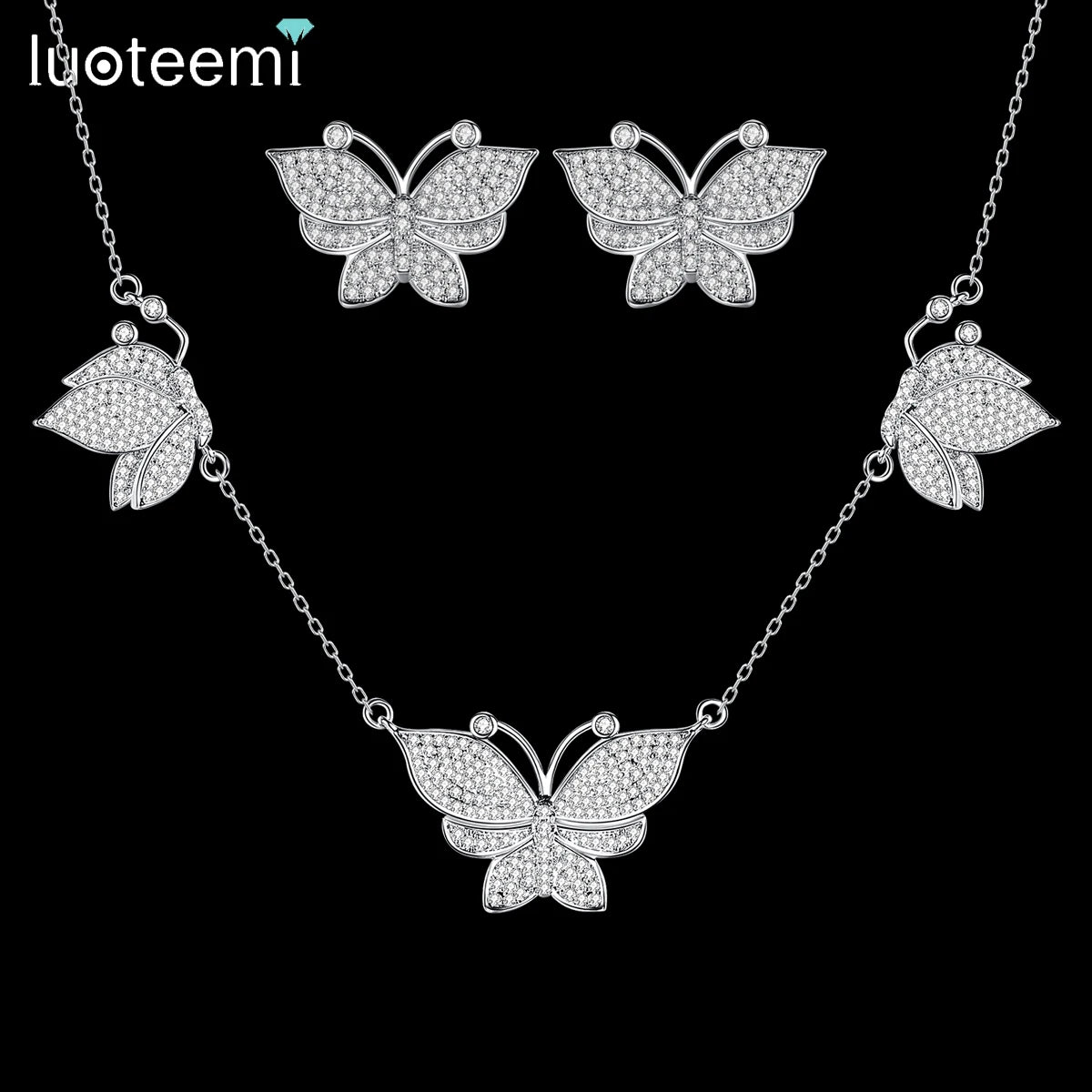 LUOTEEMI Fashion Earring Chain Necklace Designer Jewelry Charm Bling Delicate CZ Luxury Butterfly Earing Necklace Set