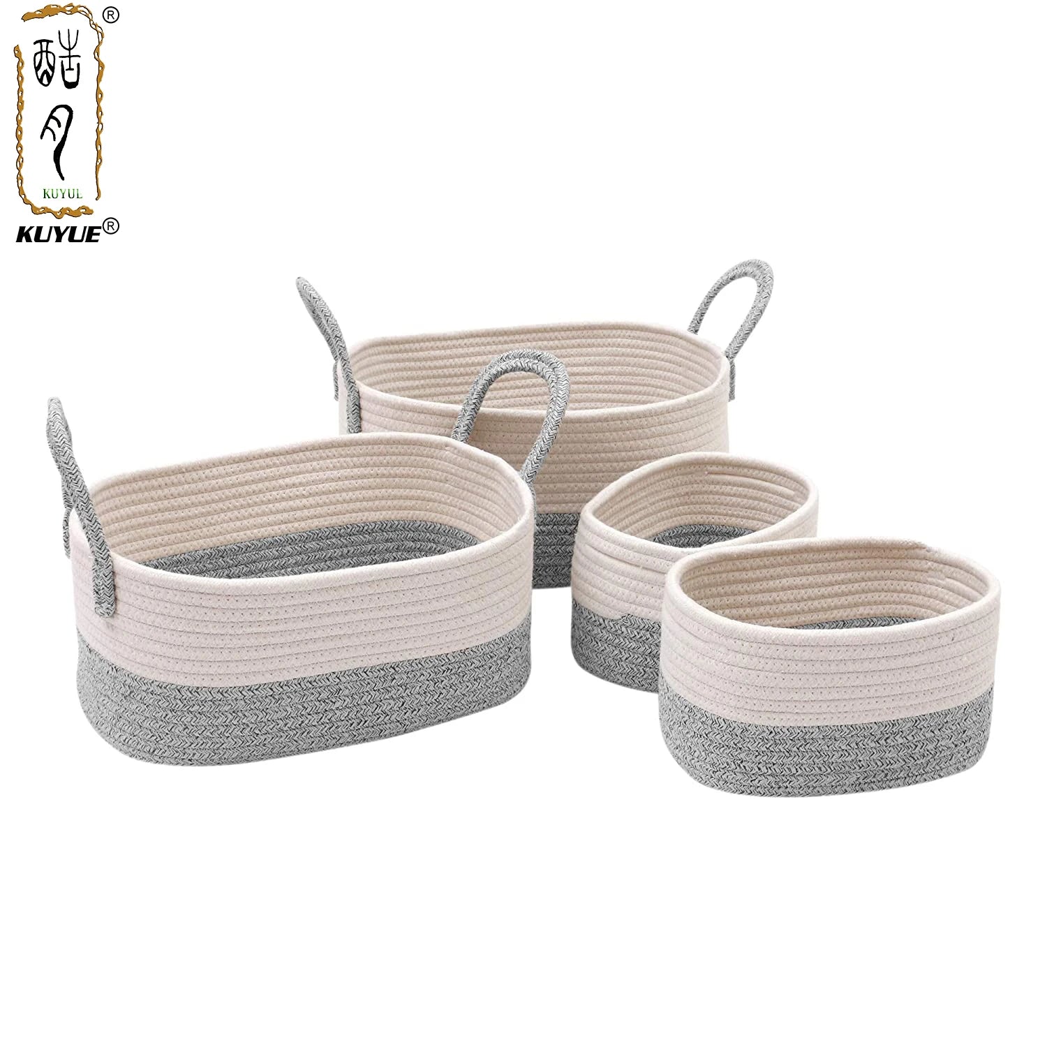KUYUE Rectangular Cotton Rope Basket 4-piece Set with Handle Multi-function Storage Basket