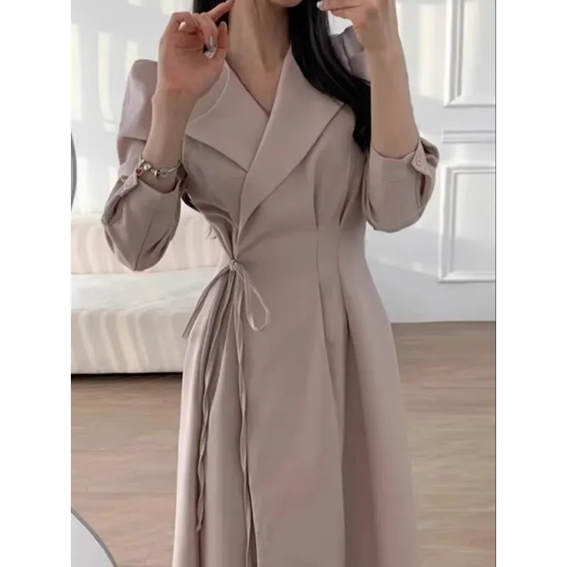 Boutique Wholesale 2026 Autumn French Style Suit Collar One Piece Lace up Waist Slimming Long Sleeved Women's Dress
