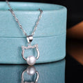 Adorable Cat Shape S925 Pure Silver Women's Pendant Necklace with Hollow out and Pearl Accent Jewelry