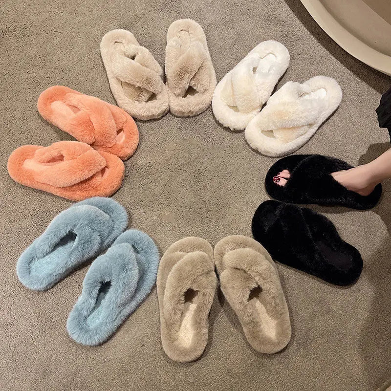 Women's Custom Color Logo Winter Autumn Spring Outdoor Fluffy Faux Fur Plush for Soft Fashion Cross Strap Design Indoor