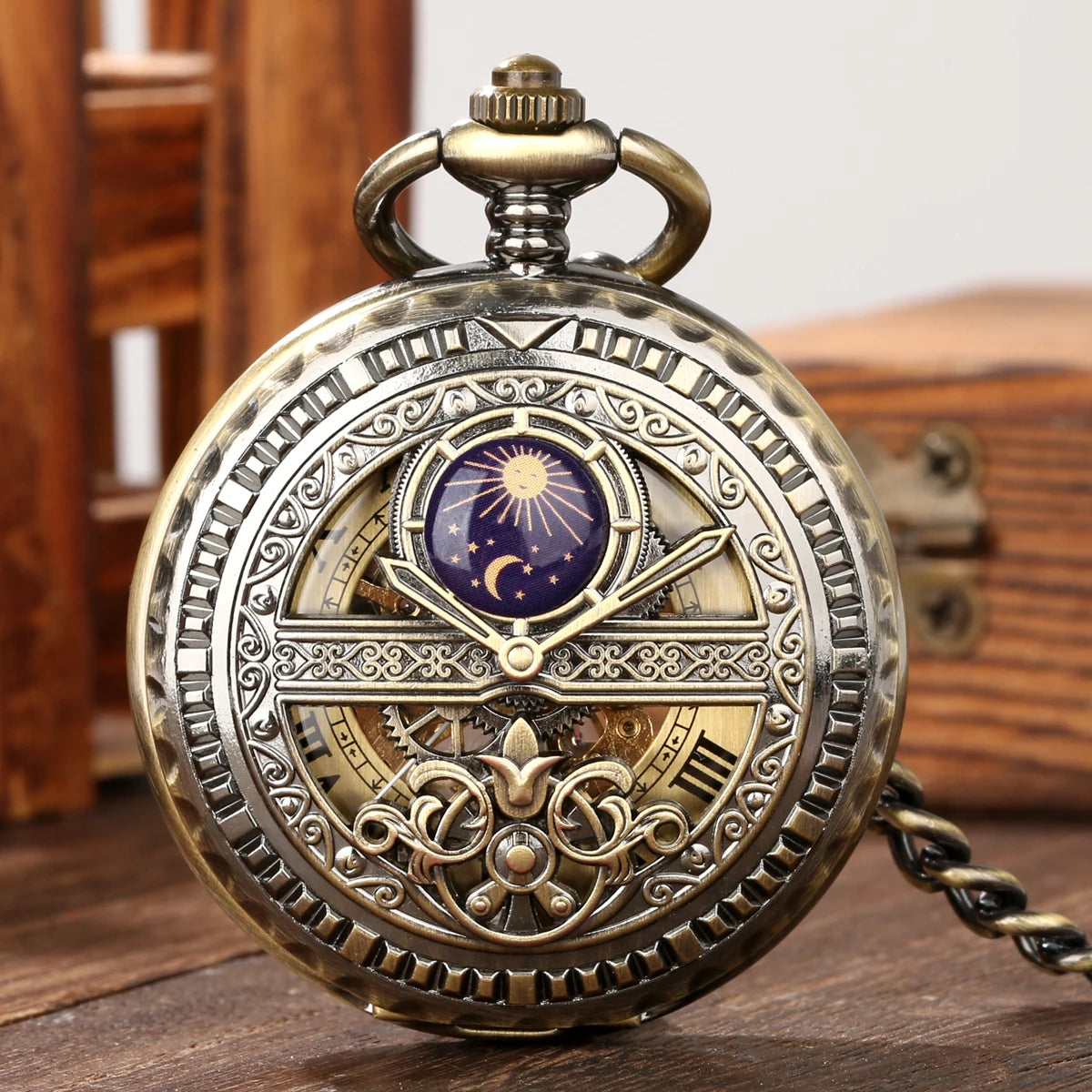 Blue Moon Star Steampunk Skeleton Hand-Wind Mechanical Pocket Watch for Men Hollow Hunter Pendant Watch with Fob Chain
