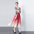 Women's Spring New Gradual Color Corn Pleated Neck Long Sleeve Loose Pleats Dress Miyake Pleated Clothing Woven Chiffon Natural