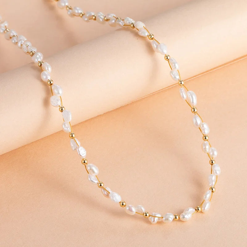 Temperament Baluoke Pearls Beaded  Necklace Adjustable Twining Gold Hole Beaded Freshwater Pearls Necklace