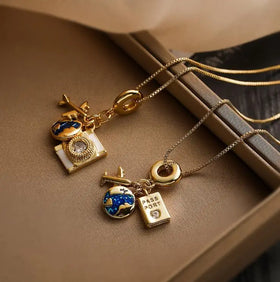 brass Plated Gold Zircon Camera Passport Pendant Necklace Female Collarbone Chain