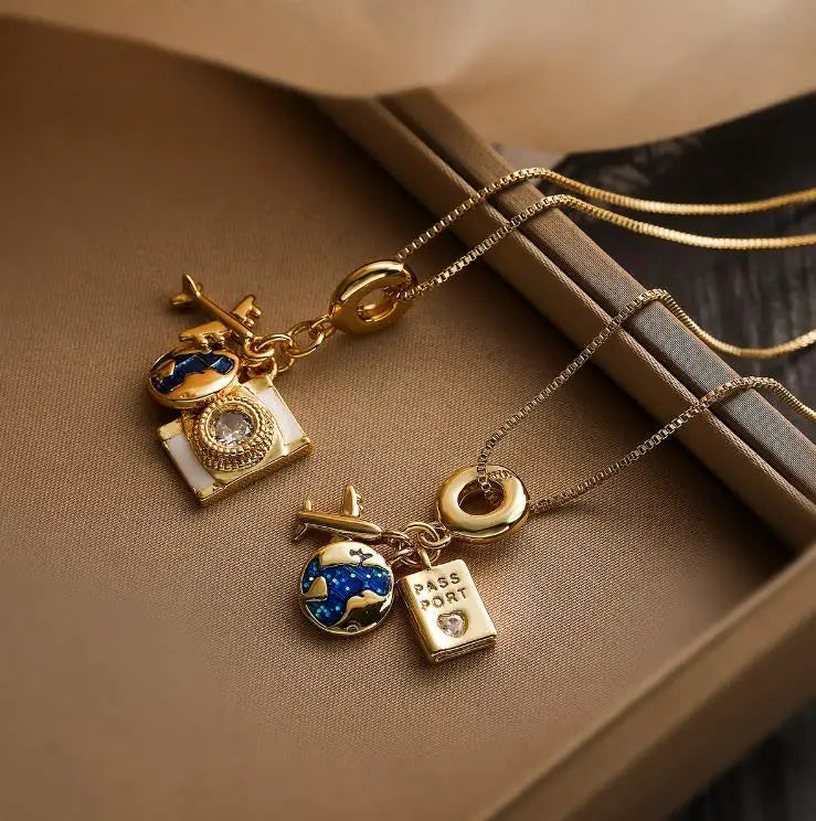 brass Plated Gold Zircon Camera Passport Pendant Necklace Female Collarbone Chain