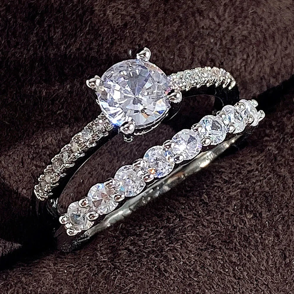 Wholesale 2PCS Silver Plated CZ Zirconia Engagement Rings Jewelry Bling 3A Zircon Stack Silver Wedding Ring Set for Women