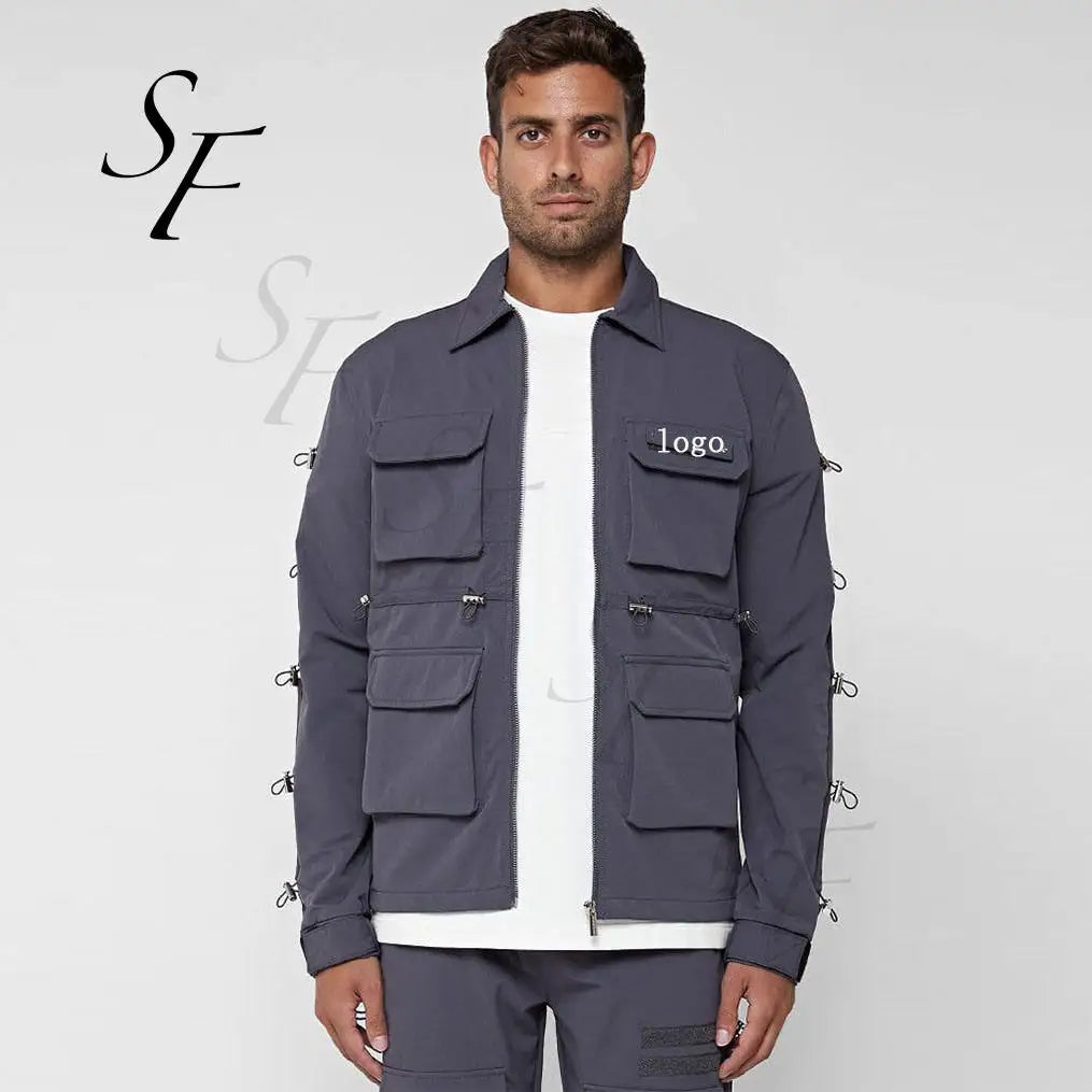 Custom Logo Polyester Men Cargo Jacket Casual Work Sports Solid Sweatshirt Duffle Jacket for Men With Pockets