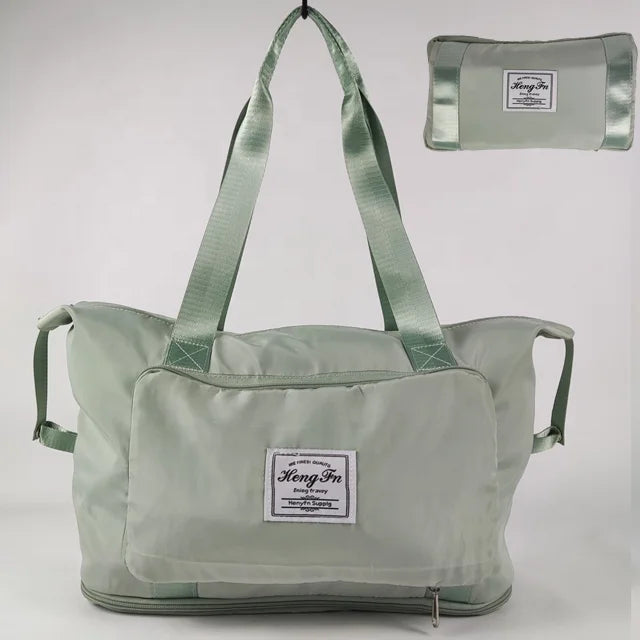 Hot Sale High Quality Polystyrene Fabric Travel Bag With Zipper Light Green Polyester Tote Bag Adjustable Straps Pockets