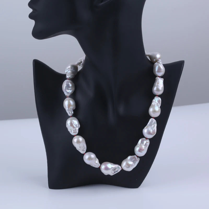 925 Silver14-17mm White Big Baroque Shape Natural Freshwater Pearl Necklace Jewelry