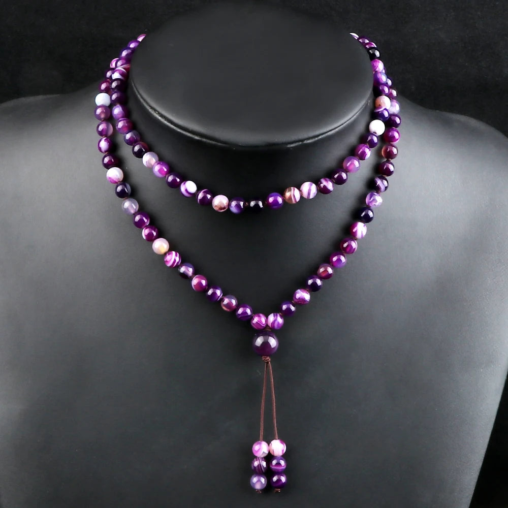 Hot Selling Trendy 6mm Purple Striped Agate Knotted Beaded Necklace 108 Beads Natural Stone Yoga Meditation Necklace  Women's