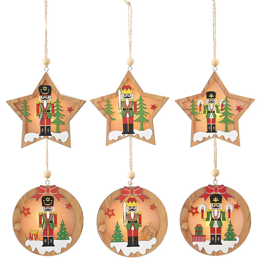 New Christmas Tree Decorations Round Five-pointed Star Wooden Walnut Soldiers Pendants Ornaments With Lights