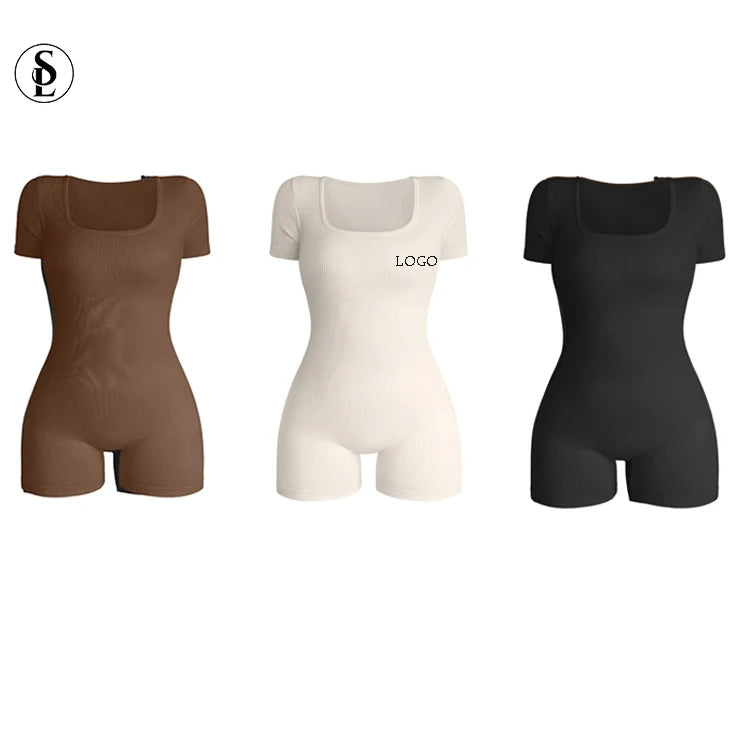 Jumpsuit Women 2023 Custom Logo Workout One Piece Gym Fitness Bodysuits Playsuit Jumpsuit Shapewear Short Sleeves Women