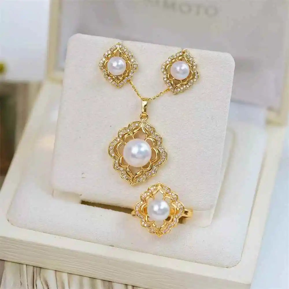 Chinese Palace 3-Piece Gold Plated Set 6-10mm Natural Freshwater White Bread Pearl Necklace Ring Earring for Engagement Gift