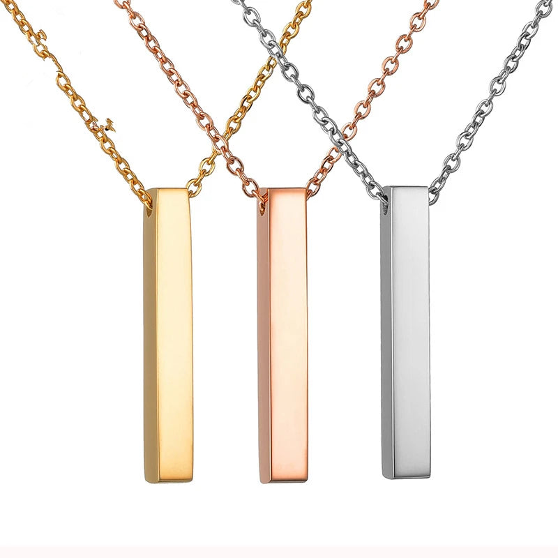 Custom Engraved Name Stainless Steel Gold Bar Long Pendants Necklace With Chain
