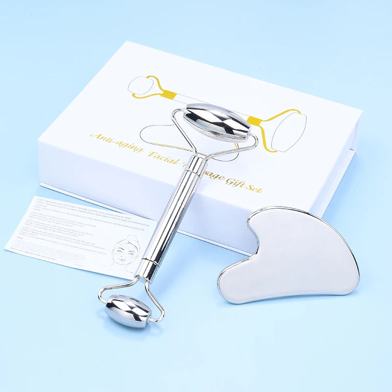 Top Selling 304 Stainless Steel Gua Sha and Roller Set Custom Metal Guasha and Face Roller Wholesale Face Roller and Gua Sha Set