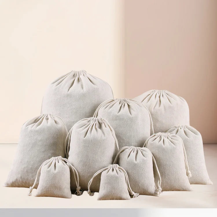 Recycled Print Custom Logo Natural Muslin Linen Drawstring Bag with Cotton Rope for Craft Candle Vintage Decoration