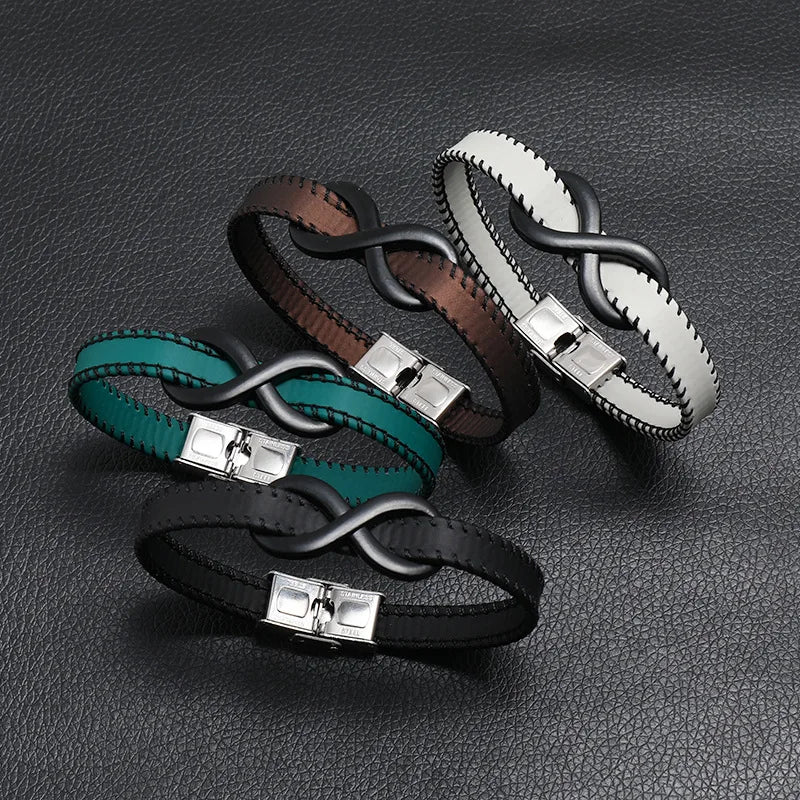 Fashion 2023 New Fashion 8 Character Unlimited Symbol Leather Bracelet for Men Simple Stainless Steel Bangle Jewelry