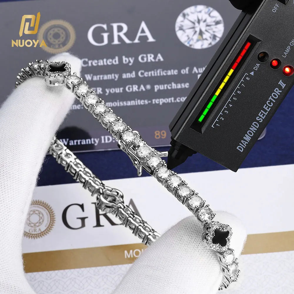 NUOYA Luxury Hip Hop Tennis Chain Bracelet Iced Out VVS Moissanite S925 Silver Four-Leaf Clover Tennis Chain Gift for Men Women