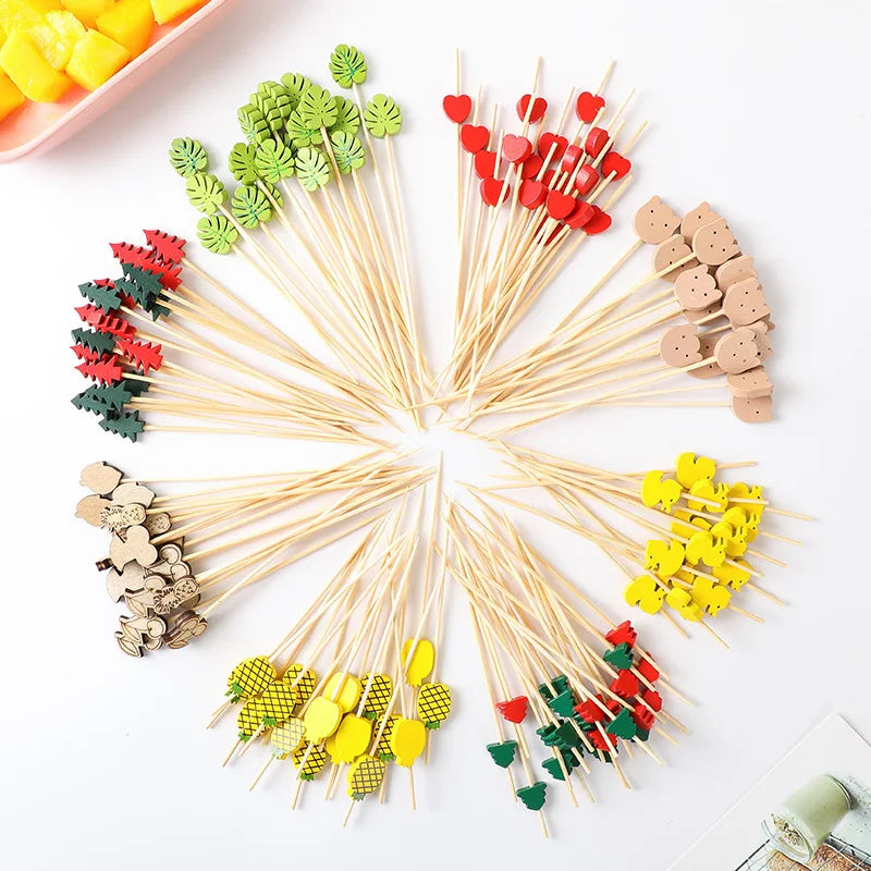 Wholesale Bamboo Sticks Plastic Colorful Ball Fruit Cake Snack Bamboo Sticks 100pcs/bag BBQ Tools