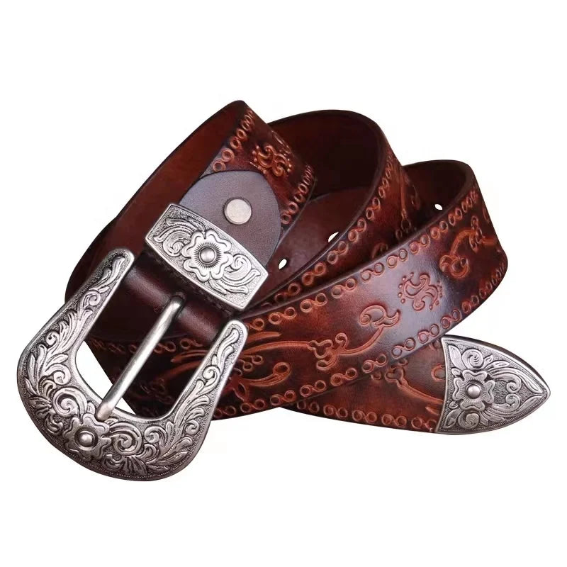 Customized Retro Cowhide Leather Designer Men's & Women's Trouser Belt with Alloy Rotate Buckle Adjustable Length
