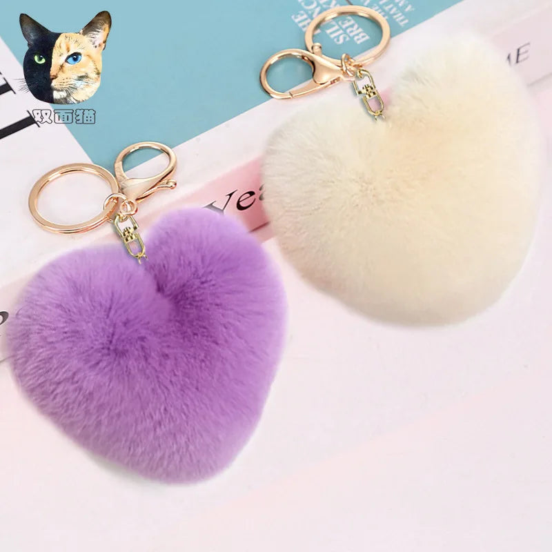 New Fashion Heart Pom Pom Fur Ball Keychains Fluffy Pompom Accessory Keychain Love Heart Keychain for Bag