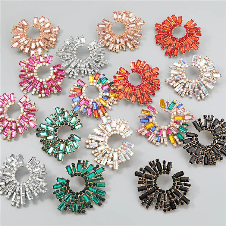 2021 Rhinestone Sun Flower  Earrings Statement Diamond Classy Big Round Colorful Crystal Stud Earrings