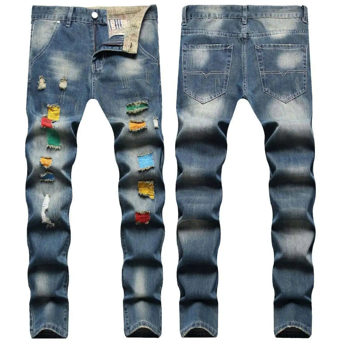AeeDenim Customize LOGO American Hip-hop Street Style Ripped Holes Contrast Color Dew Multi-color Yarn Small Straight Jeans