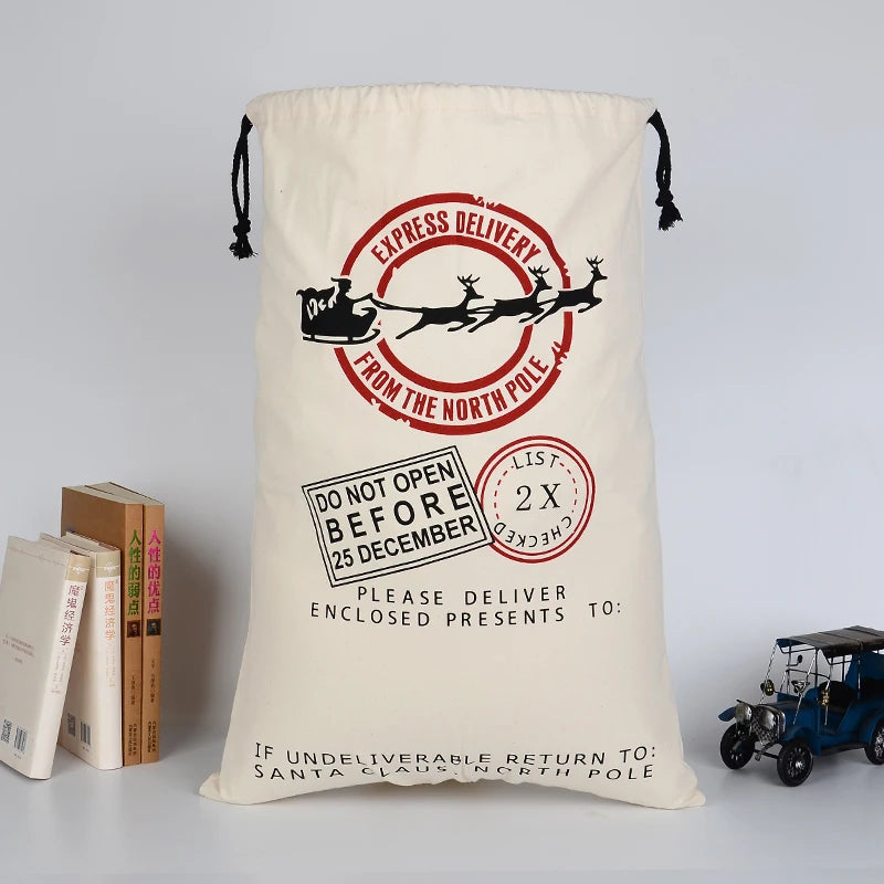 High King Factory Wholesale Eco Friendly Cotton Canvas Xmas Large Drawstring Santa Sacks Gift Bags 50x70cm