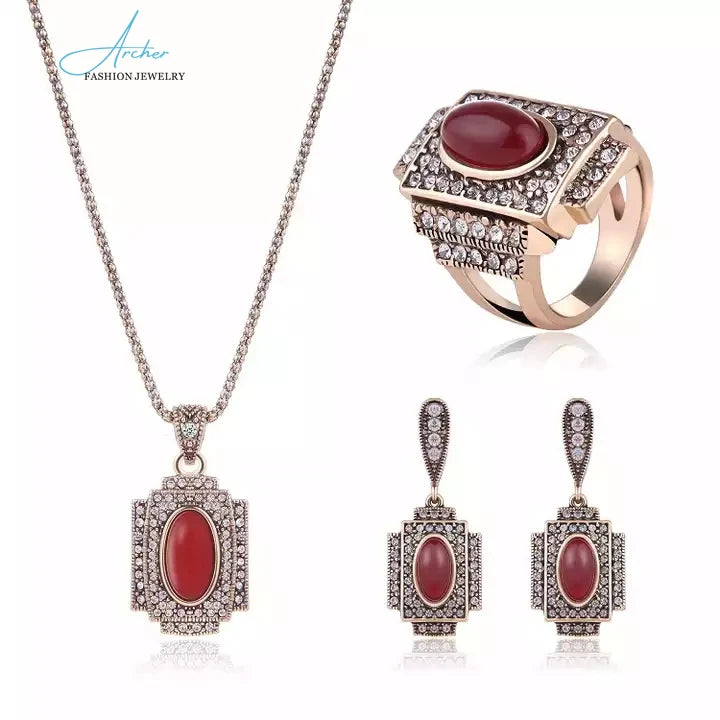 Luxury 3 Pcs Saudi Gold Plated Nigerian Indian Retro Acrylic Crystal Wedding Gift Bridal Jewelry Set