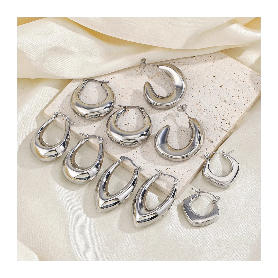 ERESI Hypoallergenic Heart Geometric C Shape Fashion Earring Silver Plated 316L Stainless Steel Chunky Hollowed Hoop Earrings