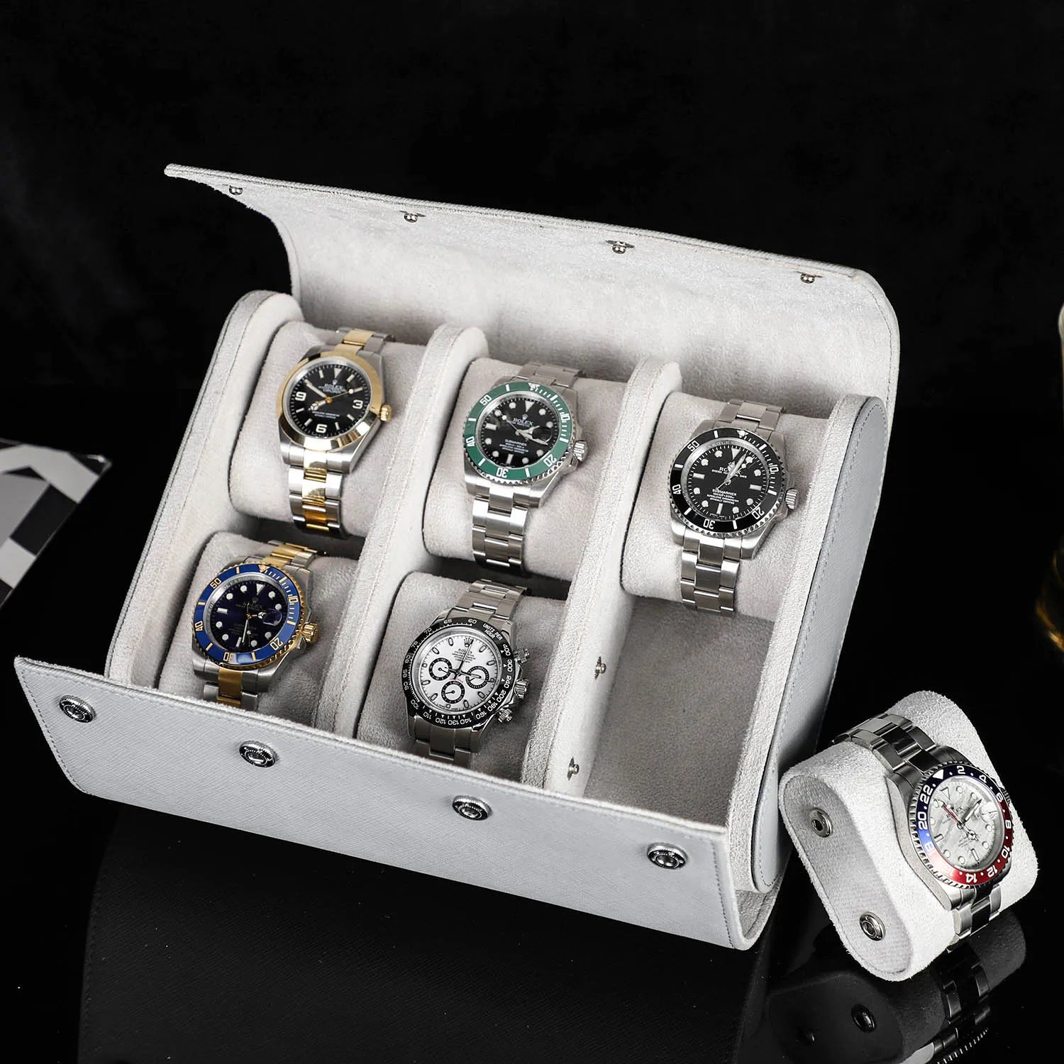 Handmade Green 6-Slot Watch Box CONTACT'S FAMILY Style Waterproof Saffiano Leather Display Case for Family Storage