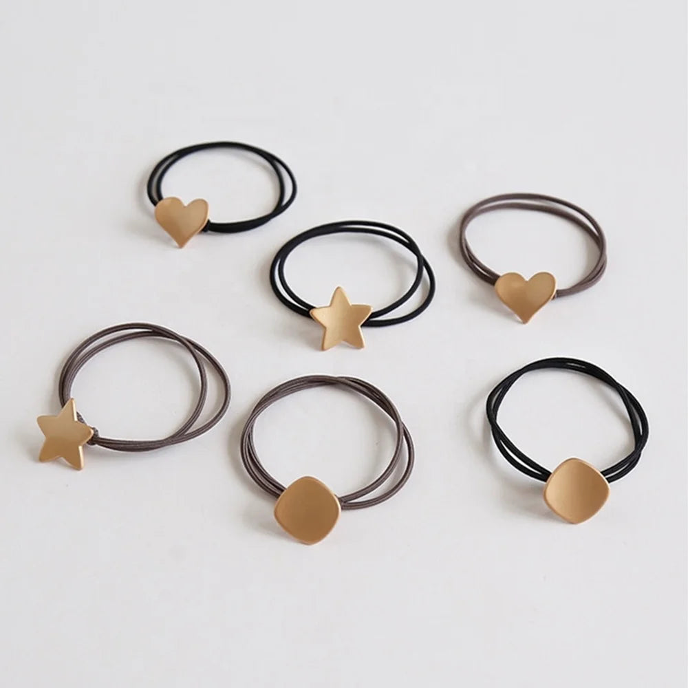 Women Girl Designer Double Rope Plastic Free Simple Geometric Metal Heart Elastic Hair Rubber Band Ties Star Hair Tie With Charm