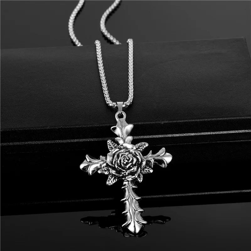 New Arrival Silver Christian Cross Stainless Steel Necklace Individuality Gothic Rose Cross Pendant Necklace for Nightclub