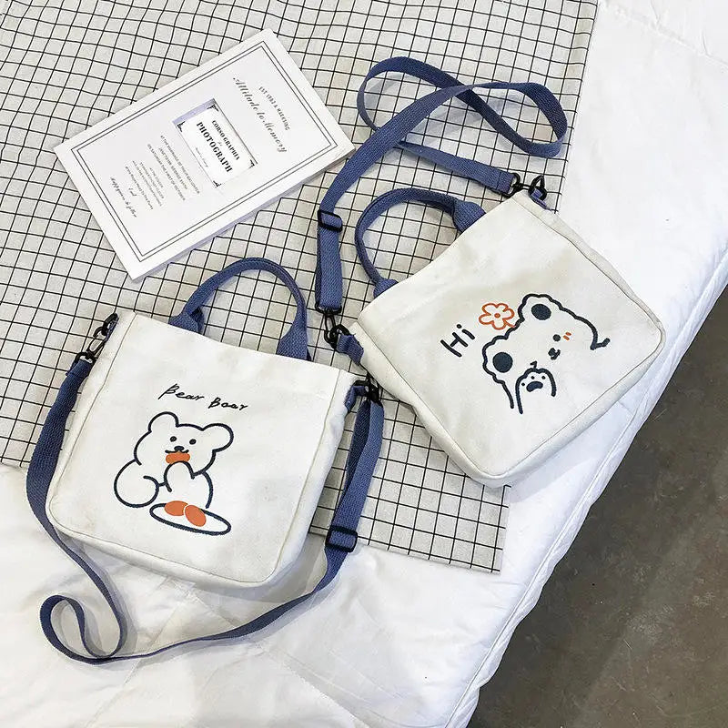 Japanese Cute Animal Print Large Capacity Handbag Women Canvas Shoulder Messenger Bag