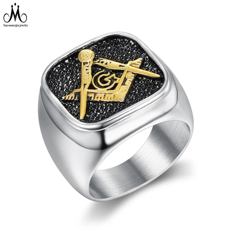 Vintage Two -tone AG Masonic Freemason Casual Gold and Silver Ring Stainless Steel Ring