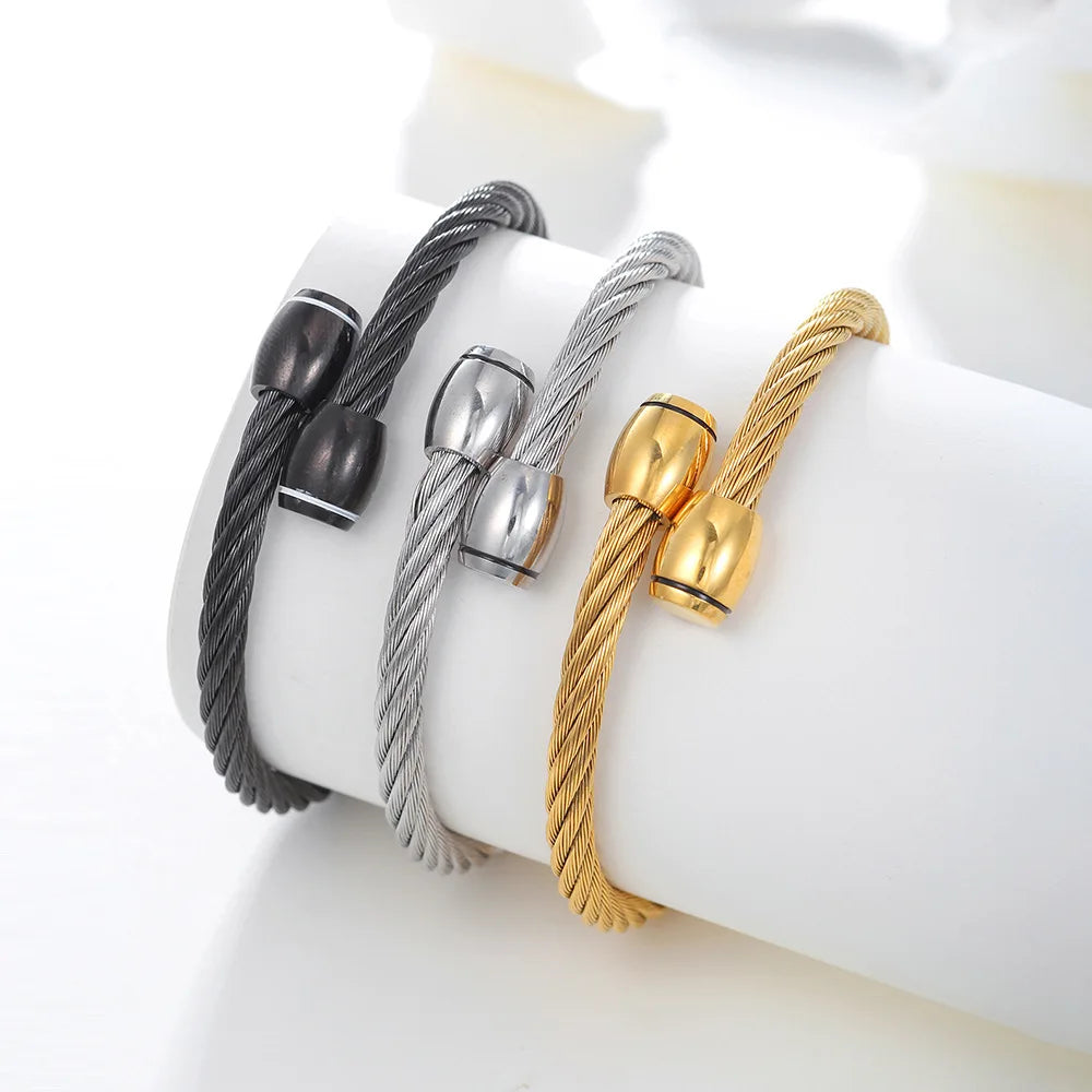 High Quality Gold Plated Stainless Steel Cable Bangle Cuff Bracelets for Unisex Geometric Trendy Fashion Jewelry Wholesale