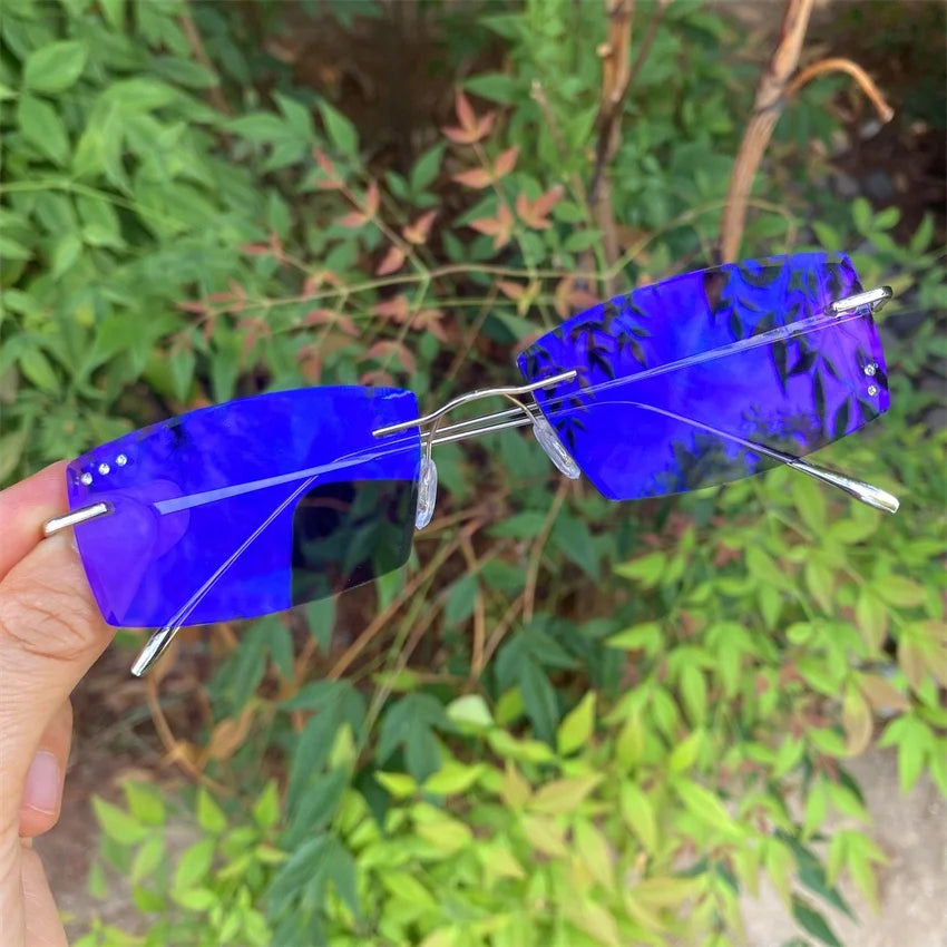 2025 Rimless Titanium Alloy Diamond Small Rectangle Lunette Anti Reflet Photogray Photochromic Bezel Woman Photogray Glasses