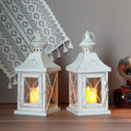 Set of 2 White Iron Candle Lantern Wedding Decorative Vintage Lantern Set Outdoor Hanging Glass Lantern