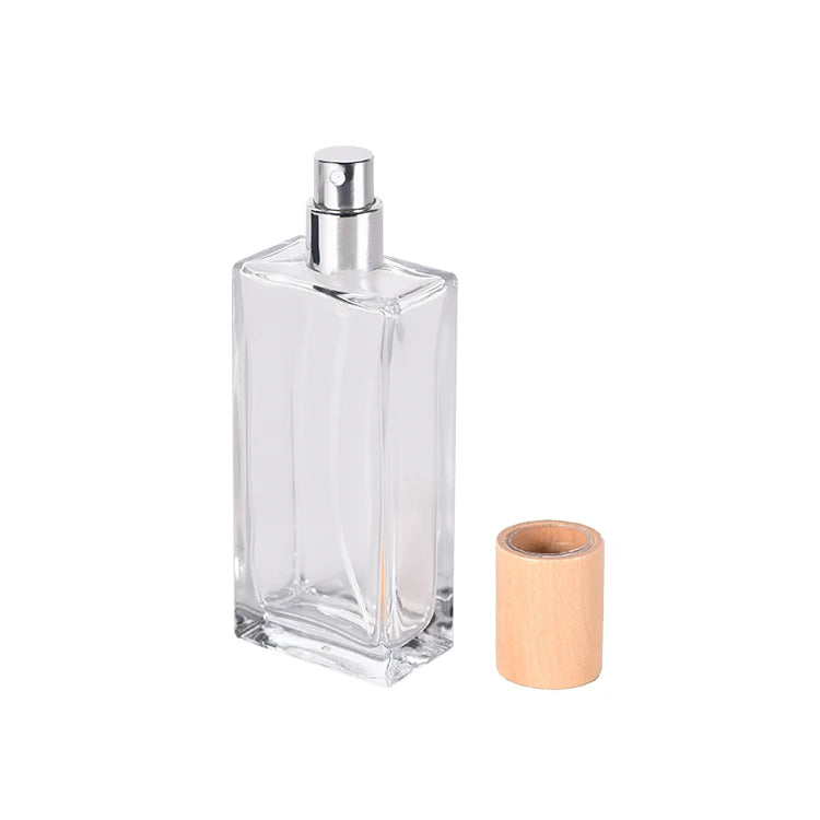 Hot-Selling 50ml Rectangular Aluminum Perfume Glass Bottle with Wood Cap Square Empty Cosmetic Mister for Screen Printing