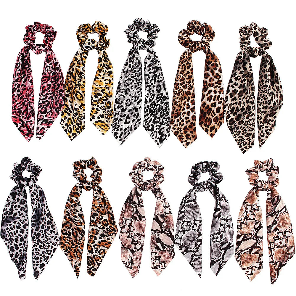 Women's Leopard Ribbon Hair Tie Scrunchy Crease-Free Elastic Band Ponytail Accessories Bow Scarf Scrunchies