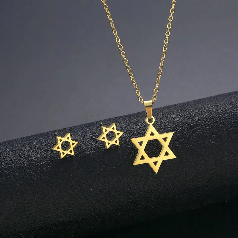 2022 Fashion Stainless Steel Jewelry Set Six Pointed Star Necklace Earring Set for Women Girls