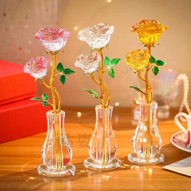 DIY Customize Clear Wedding Gifts Glass Heart Shape Music Box Wih Beautiful Blue Crystal Rose Flower