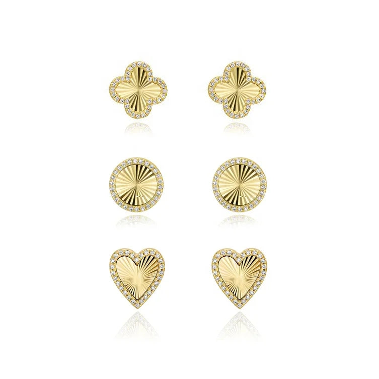 Wholesale 14/18K Gold Plated Vermeil Designer Fashion Jewelry Lady 925 Sterling Silver Diamond Fluted Heart Stud Earrings