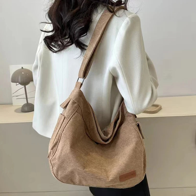 Fashion Corduroy Tote Bag Women's Large Capacity Student Classroom Bag White Simple and Versatile One Shoulder Crossbody Bag